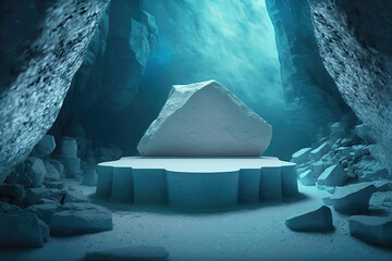 Wall Mural - underwater scene with empty stone pedestal for product display, generative ai