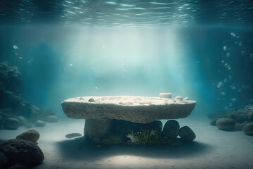 underwater scene with empty stone pedestal for product display, generative ai