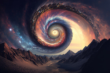 Wall Mural - spiral galaxy in the space over the mountains, generative ai