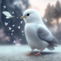 Wall Mural - Generative AI: cute exotic fantasy bird very feathery in pastel colors on a light background