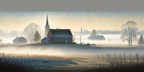 Wall Mural - misty morning sunrise over the rural landscape, generative ai