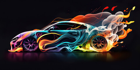Wall Mural - anstract colorful burning sport car on black background, generative ai