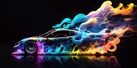 anstract colorful burning sport car on black background, generative ai