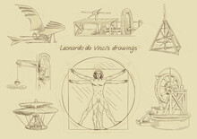 Italian Renaissance. Poster With Inventions And Scientific Discoveries Of Leonardo Da Vinci. Portrait Of Virtuvian Man, Scheme Of First Helicopter. Cartoon Flat Vector Collection Isolated On Beige
