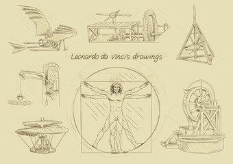 Italian Renaissance. Poster with inventions and scientific discoveries of Leonardo da Vinci. Portrait of Virtuvian man, scheme of first helicopter. Cartoon flat vector collection isolated on beige