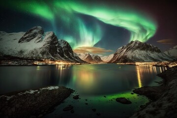 Wall Mural - Tromso, Norway Northern lights or the Aurora Borealis in the sky above the fjords. Generative AI