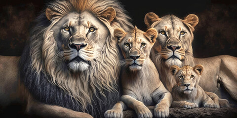 close up of a lion family. generative ai