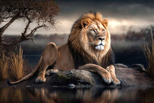 Majestic Lion By The Water. Generative AI
