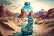A Giant Water Bottle Camouflaged Through A Surreal Desert Landscape. 