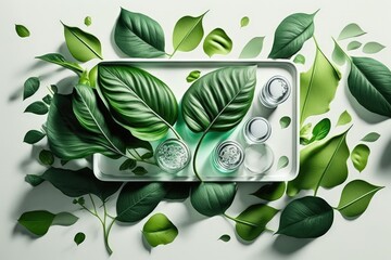 Sticker - Green leaves make waves on the water. Presentation of cosmetic products against a trendy white background. creative idea. the space bar. Generative AI