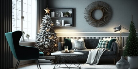 Sticker - Scandinavian interior design apartments decorated in Christmas New Year style with toys, gifts, fir tree. Festive winter holidays composition. Generative AI