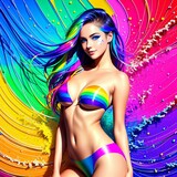 Fototapeta  - a cheerful girl with a rainbow wave, multicolored hair and background, generated in AI