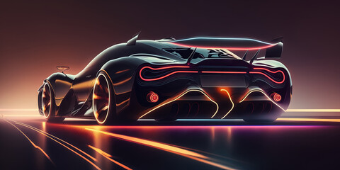 Canvas Print - a black luxury futuristic sports car is seen from behind as it travels down a neon road in the dark with copy space. Generative AI