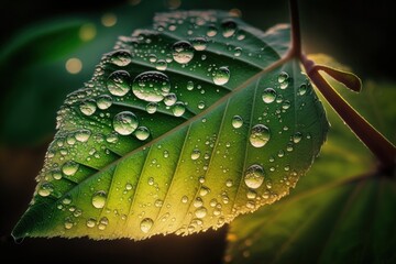 Sticker - Large, lovely raindrops of translucent water macro on a green leaf. Early in the morning, dew drops shine in the sunlight. Stunning natural leaf texture a background of nature. Generative AI