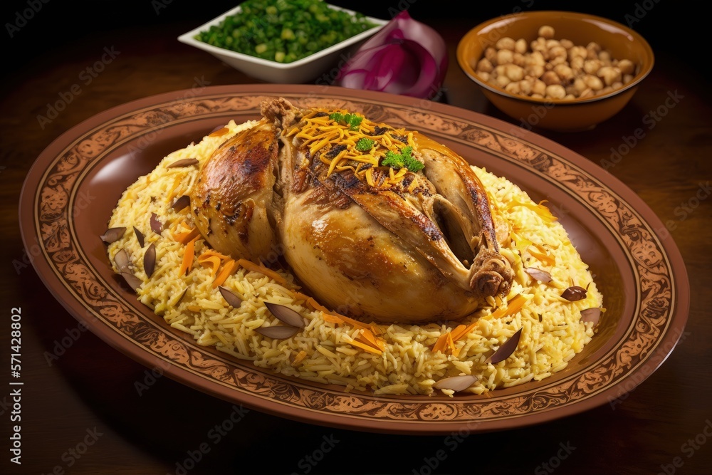 Arabic Cook Kabsa arabian dish made of long grain basmati rice, whole chicken ...