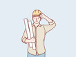 © yisar - Engineer construction worker wearing safety helmet holding paper plan simple korean style illustration