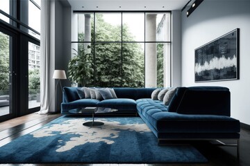 side angle view of a modern living room with blue rug, elegant sofa and big window. generative ai