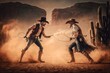 Cowboy Fantasy Duel on the Far West, on an impressive scene with visual effects reflecting inner power between the sheriff and a bandit, generative ai