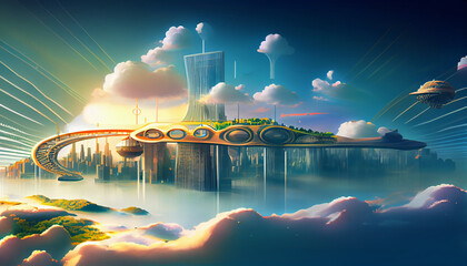 Green ecofriendly city of the future. Futuristic cloud floating city, data transfer, illustration sunrise, ocean, 2 cities connected by a hanging bridge, mountain, magical, landscape - Generative AI