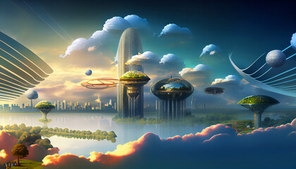 Green ecofriendly city of the future. Futuristic cloud floating city, data transfer, illustration sunrise, ocean, 2 cities connected by a hanging bridge, mountain, magical, landscape - Generative AI