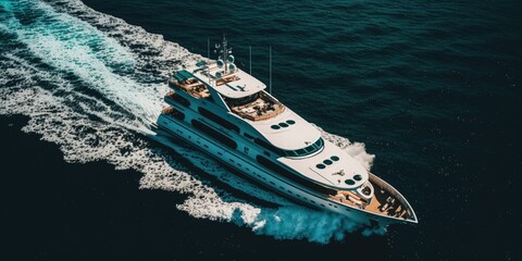 Canvas Print - aerial view of a large, luxurious yacht in the water with text space. Generative AI