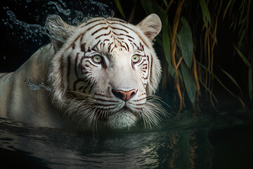 Poster - White tiger swims in the water