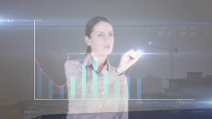 Sticker - Animation of statistical data processing over caucasian businesswoman touching futuristic screen