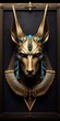 An image of the head of Anubis, the dead god of ancient Egypt, is enclosed in a fancy golden frame. Generative AI