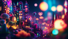 Vibrant And Nostalgic Whimsical Fairy Cityscape With Detailed Neon Lights And Reflections, Flowers, And Technology Gadgets, A Full Shot Of A Towering Skyscraper In The Center