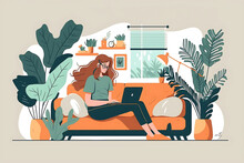 Flat Vector Illustration Relaxed Happy Young Woman Sitting On Sofa At Home With Laptop, Surfing Internet, Doing Online E-commerce Shopping, Looking At Computer, At...  
