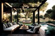 Luxury Living Outdoor Space Interior design of a lavish side outside garden at morning. Generative AI. Digital Art Illustration
