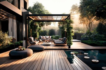 luxury living outdoor space interior design of a lavish side outside garden at morning. generative a