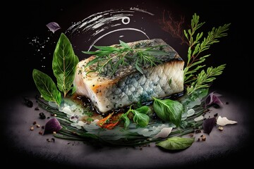 Poster - sea bass fish fillet steak with herbs, steam cooked. Generative AI