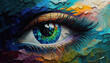 oil painting. Conceptual abstract picture of the eye. Oil painting in colorful colors. Conceptual abstract closeup of an oil painting and palette knife on canvas