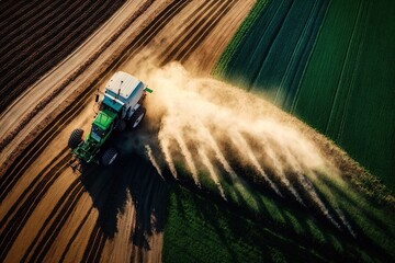 Poster - Aerial view of farming tractor plowing and spraying on field. Generative AI