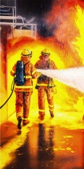 Sticker - firefighters spraying water in fire fighting operation,Fire and rescue training school regularly. Generative AI