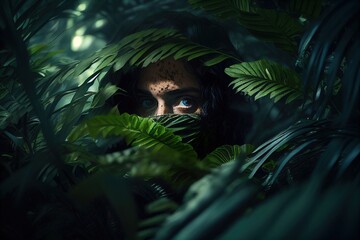 A frightened human hiding in the jungle foliage. Generative art