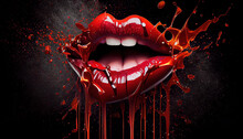 Women Lips With Colorful Splashes Red And Gold Paint Glossy Colored Lips On A Moody Background AI Generative  