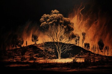 Wall Mural - Bush fire, Burned black land on hill in Australia. Generative AI