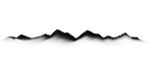 Wall Mural - Grain halftone mountains. Fading dotted landscape and terrain. Black and white grainy hills. Grunge noise background. Textured wallpaper. 