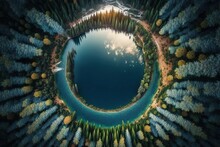 An Almost Perfect Circular Lake, Shot Straight Down From The Air, Is Encircled By A Pine Forest And Looks Like The Earth. Generative AI