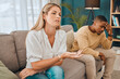 © Courtney/peopleimages.com - Interracial couple, counseling and frustrated woman and black man on therapy sofa talking. Tired, relationship stress and marriage problem of people on couch feeling anxiety from divorce conversation