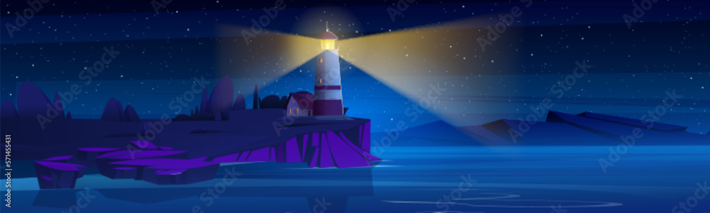 Lighthouse on sea coast. Starry night landscape of ocean beach with ...