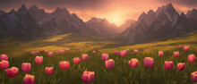 A Field Of Tulips Against The Backdrop Of Mountains. Spring Banner Vector Illustration. Huge Field Of Colorful Tulips. Behind The Field Is A Mountain Range. Sunset. Clouds Of Orange