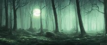 Misty Forest. Dark Tree Silhouette. Tree Tricks In The Blue Mist. Fog In The Night Forest Vector Illustration Banner. Spooky Forest With Full Moon And Floor. Without Leaves And Branches Of Autumn.
