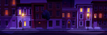 Cartoon City Street At Night. Vector Illustration Of Town Apartment Houses With Cozy Yellow Light In Windows On Brick Wall Facade, Empty Street, Road Illuminated With Light Posts. Urban Neighborhood
