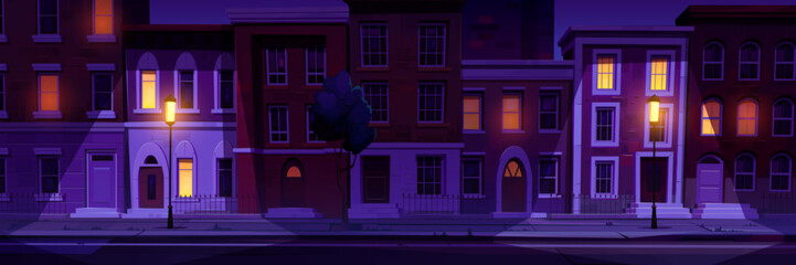 cartoon city street at night. vector illustration of town apartment houses with cozy yellow light in