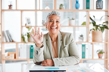 Senior Woman Portrait, Wave And Virtual Business Meeting Call With A Corporate Ceo Ready For Working. Office, Market Research Data And Mature Management Employee Waving For A Greeting And Welcome