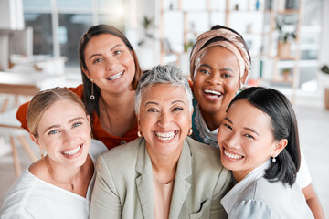 Aufkleber - Teamwork, portrait or business women with smile, solidarity or goals together in a corporate modern office. Staff diversity, collaboration or happy people in a global advertising or marketing company
