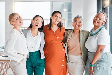 professional women only, portrait and diversity in office teamwork, inclusion and empowerment hug to